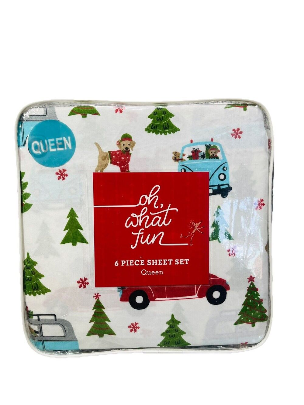 6 Piece Queen Sheet Set Holiday Christmas Oh What Fun Dogs Car Tree Gifts